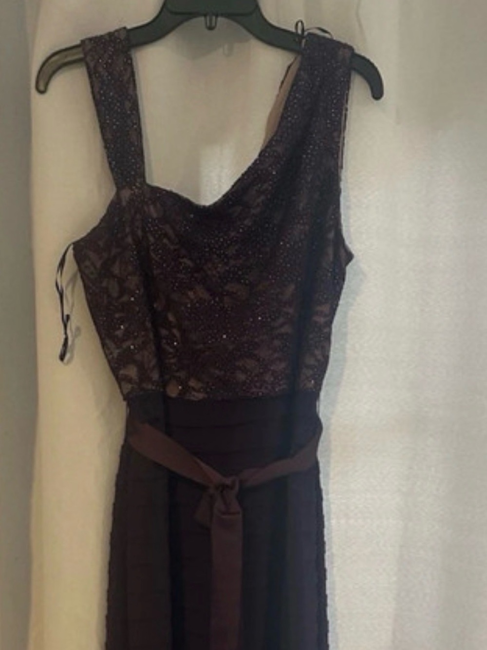R&M Richards Eggplant Purple Lace Bodice Maxi Dress with Waist Sash